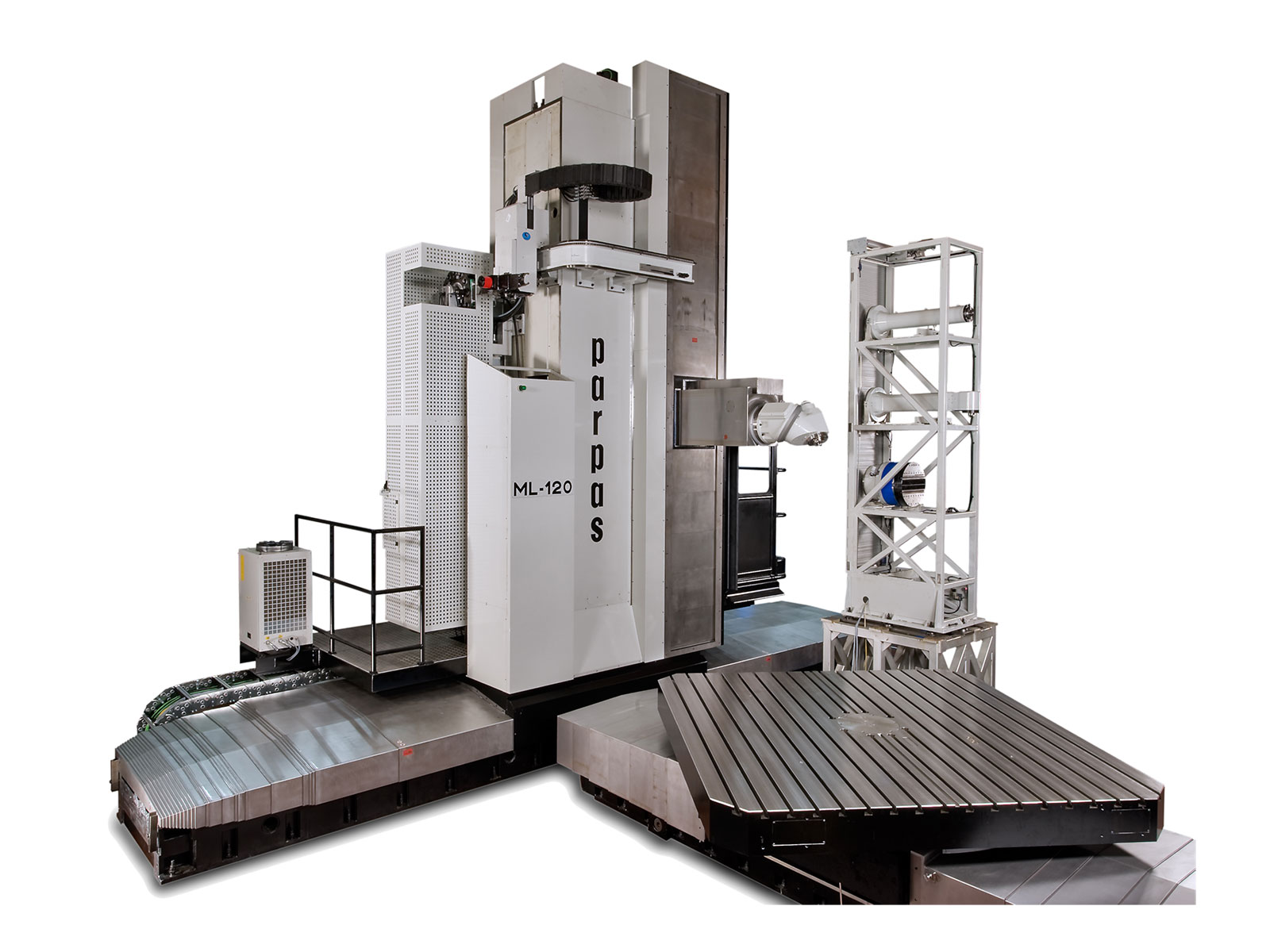 Gruppo Parpas ML 120. A large floor borer featuring a vertical column with a spindle head for precision machining a large horizontal worktable for holding workpieces. It also includes an automatic tool changer system on the right side, enclosed components, and a metal platform with safety railings. Sold in the U.K by Leader CNC Technologies