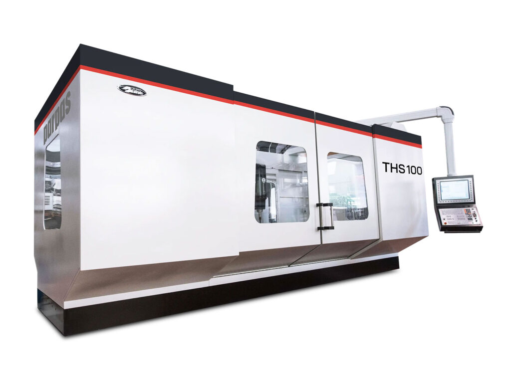 THS100 Gruppo Parpas cnc machine with enclosed design, large sliding doors and a mounted control panel. Leader CNC Technologies