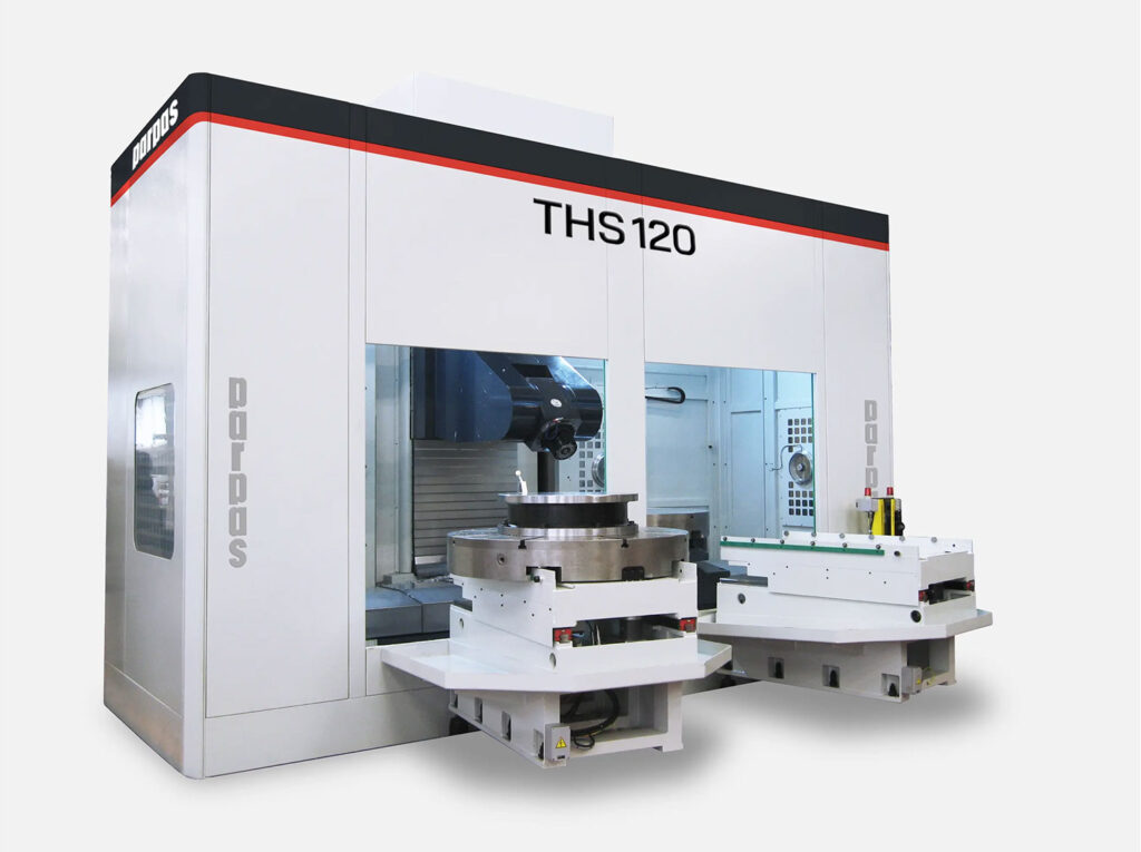 Frontal view of the THS120 Gruppo Parpas Multi axis machining centre. Two external pallets in view. One pallet with a component and the other with none. Doors open where pallets are being shown. Sold in the U.K. by Leader CNC Technologies