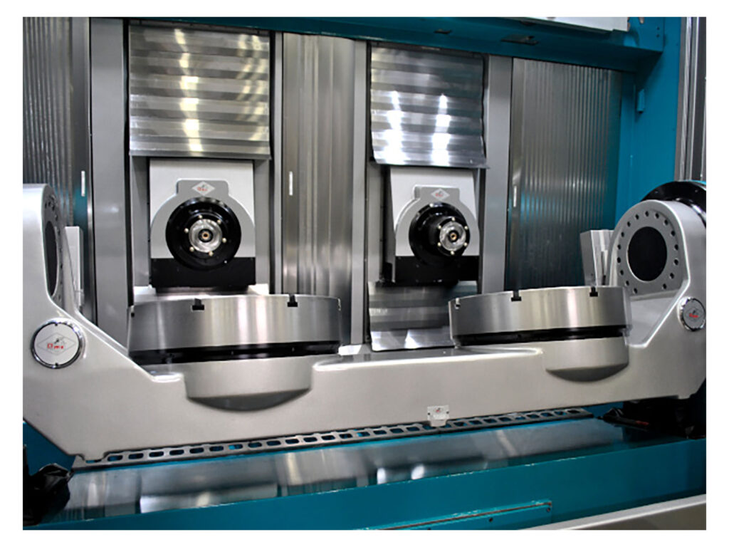 Internal view of the twin tables on the Gruppo Parpas' TWIN 5-axis horizontal machining centre, sold by Leader CNC Technologies.