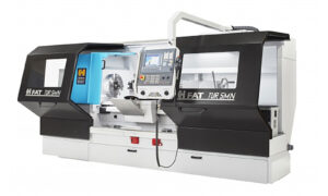 The view of the TUR2MN FAT Haco lathe, doors open. Sold by Leader CNC Technologies.