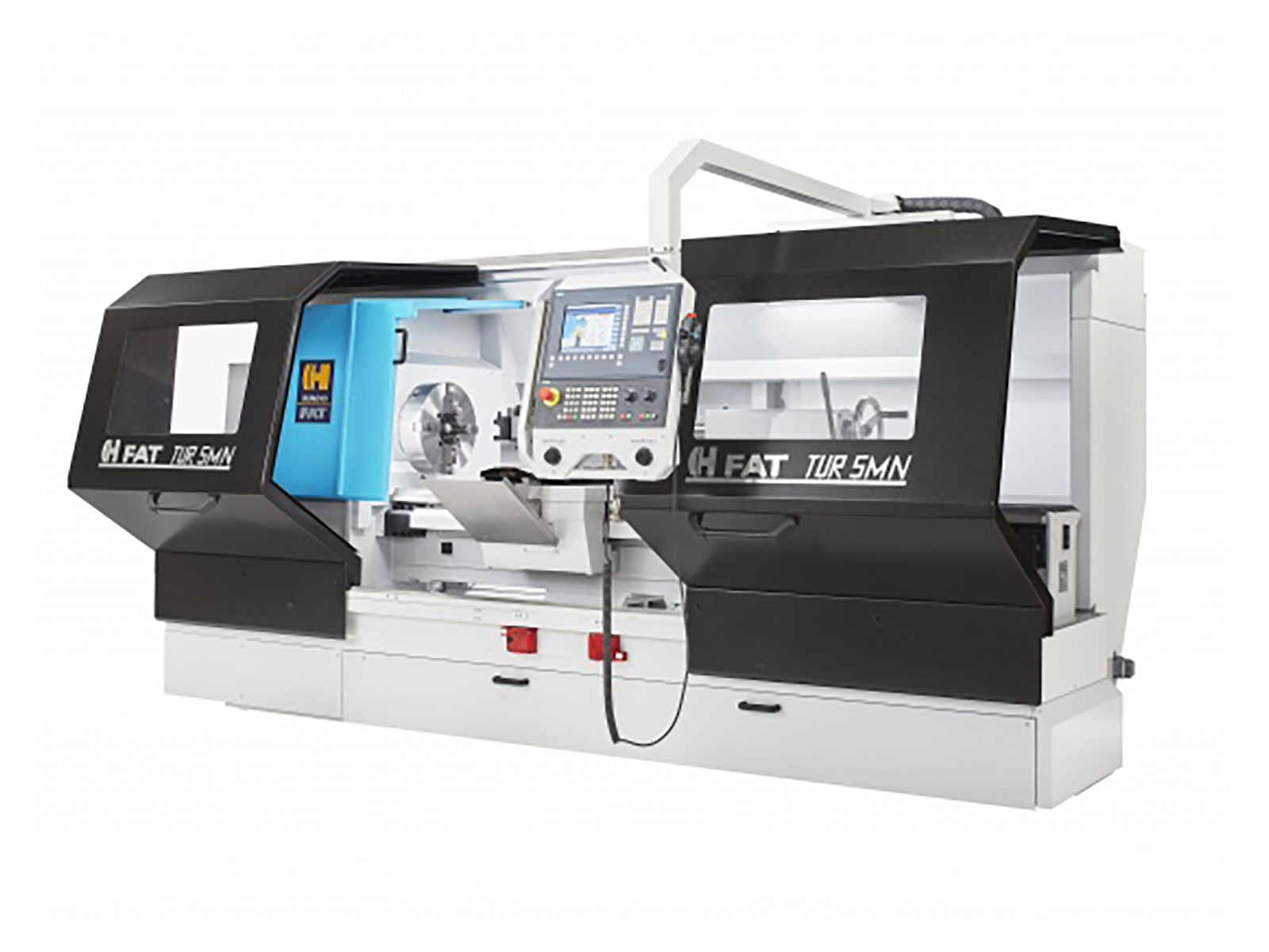 The view of the TUR2MN FAT Haco lathe, doors open. Sold by Leader CNC Technologies.