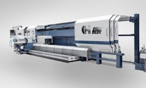 The side view of the TUR4MN FAT Haco lathe, doors open. Sold by Leader CNC Technologies.