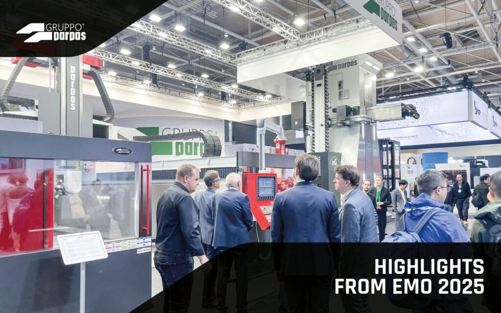 Image of the XS machine at the EMO exhibition with people viewing the machine and discussing with the Gruppo Parpas team. Sold in the U.K. by Leader CNC Technologies