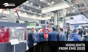 Image of the XS machine at the EMO exhibition with people viewing the machine and discussing with the Gruppo Parpas team. Sold in the U.K. by Leader CNC Technologies