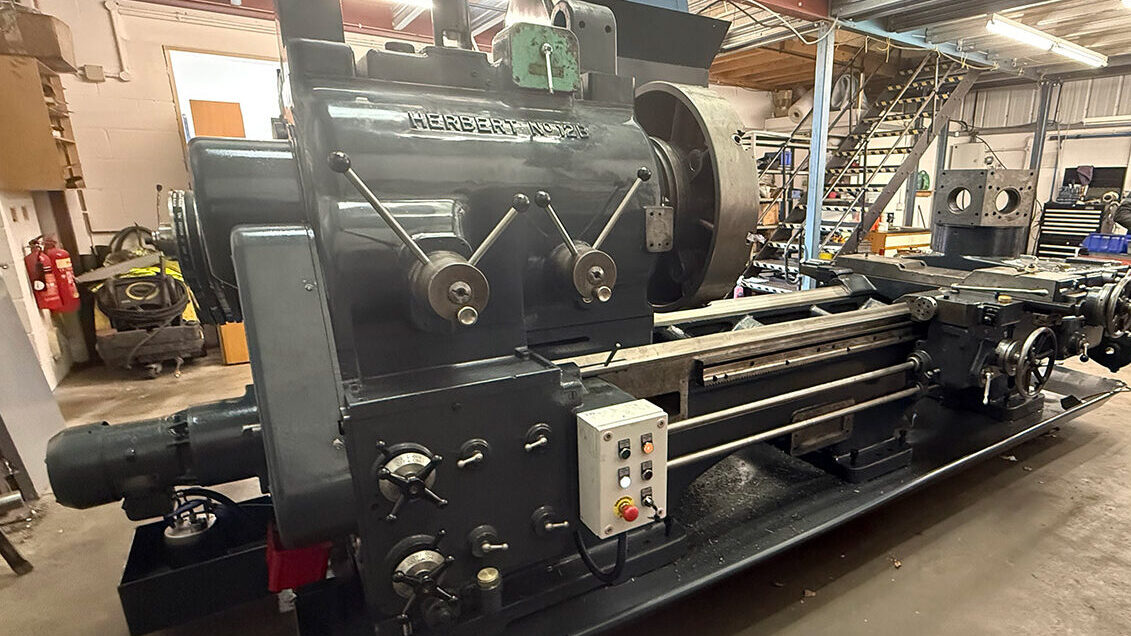 View of a rebuilt Herbert lathe inside AMT Machine Tools and Leader CNC Technologies premises.