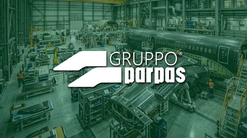 Image of aerospace manufacturing facility with Gruppo Parpas logo in the centre of image.