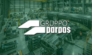 Image of aerospace manufacturing facility with Gruppo Parpas logo in the centre of image.