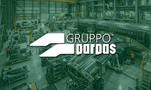 Image of aerospace manufacturing facility with Gruppo Parpas logo in the centre of image.